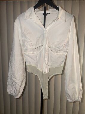Cropped White Button-Front Bodysuit Top